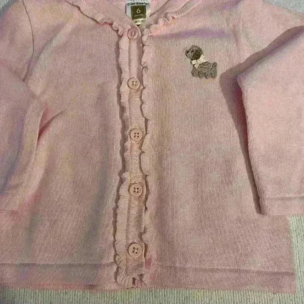 Carter's Pink Cardigan with ruffled button front, w/ Brown pants , 6 months